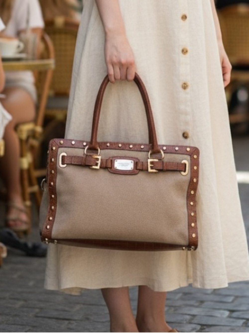 Michael Kors Hamilton Canvas & Croc-Embossed Leather Satchel Tote